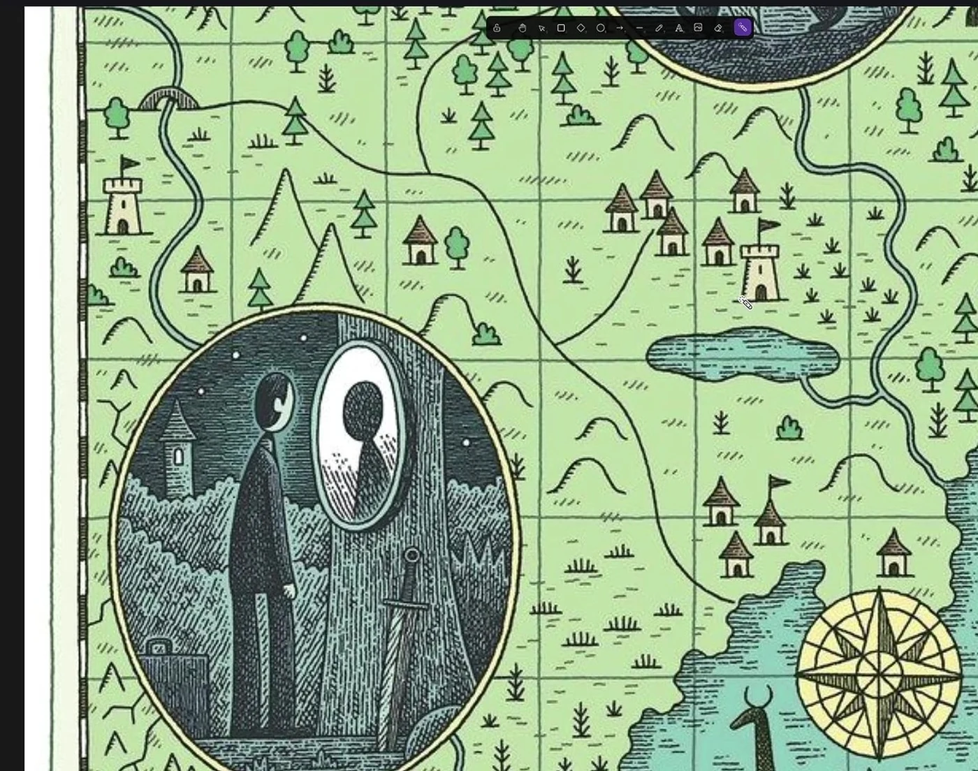 巨像与林地地图：密集地形符号中，一尊巨像成为最醒目的地标。