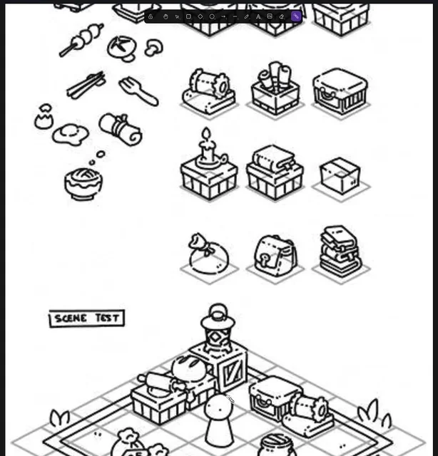 等距建筑线稿：小建筑与地块在同一倾斜视角下组合成场景。